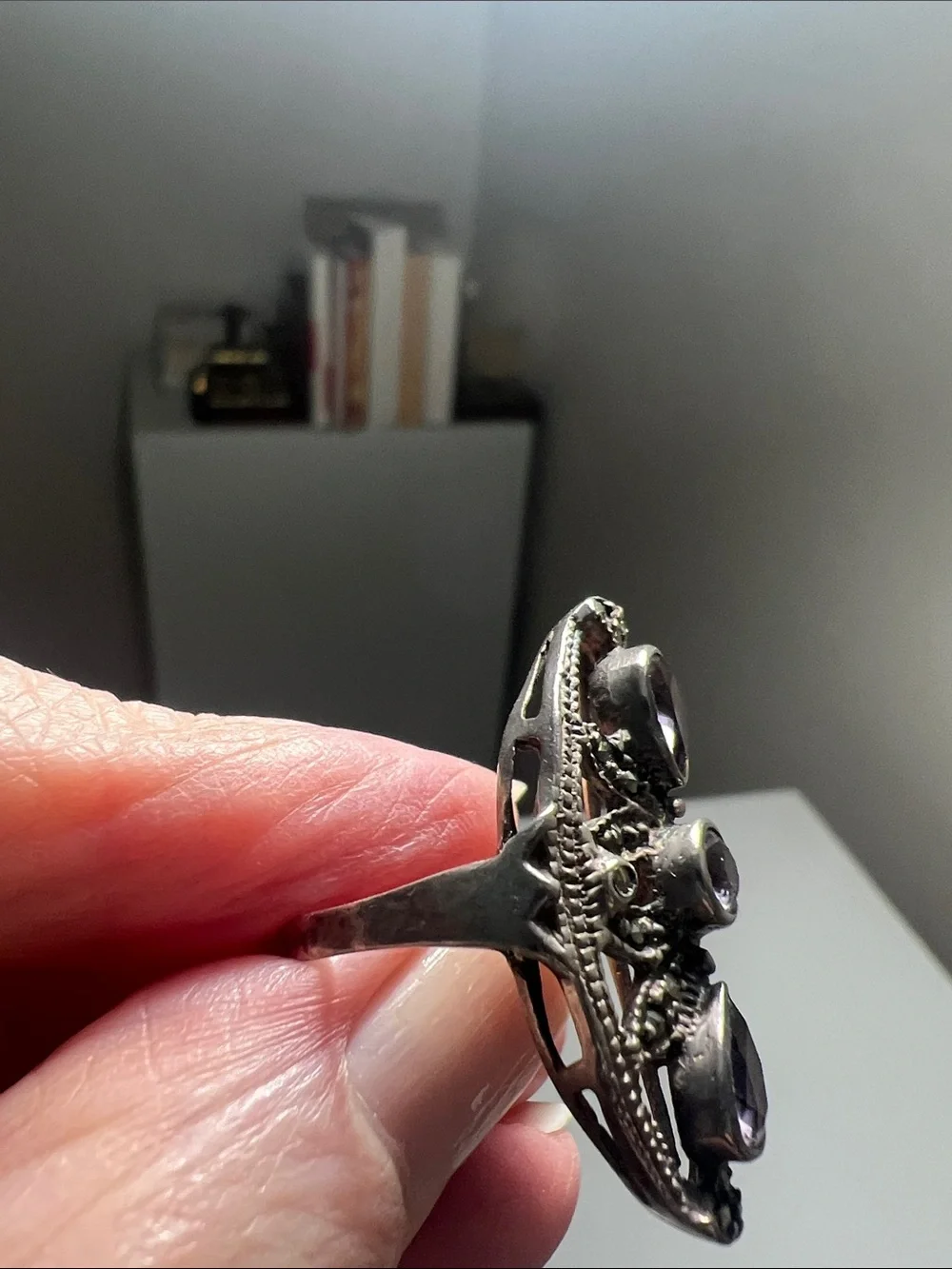 Stylish Silver Ring with Purple Gem Accents - Vintage